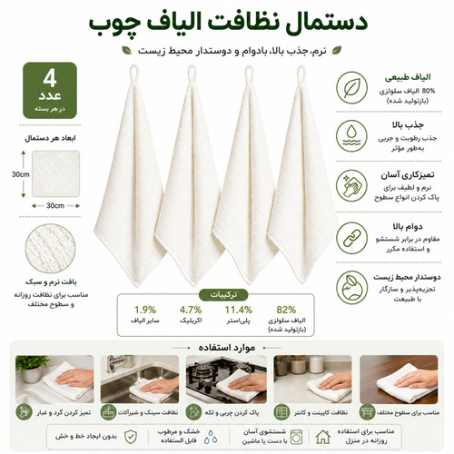 دستمال نظافت سلولزی هاودا مدل Wood Fiber بسته ۴ عددی